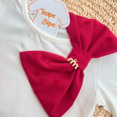 Conj. Blusa Manga Longa Big Laço e Short Saia em Tule com Bolinhas - Vermelho